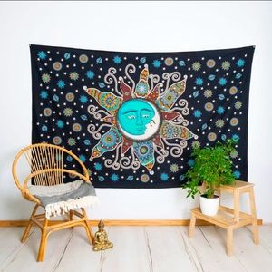 Sun and Moon Bohemian Psychedelic Floral Design Tapestry 54x82 Inches